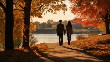 coppia a piedi nel parco con autunno fogliame foto