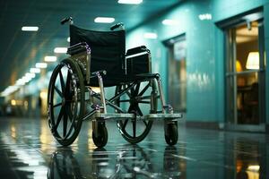vuoto sedia a rotelle posizionato entro reparto, significare un' pazienti temporaneo assenza ai generato foto