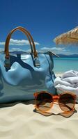costiero scappa, blu fondale Caratteristiche spiaggia Borsa, occhiali da sole, asciugamano, e protezione solare verticale mobile sfondo ai generato foto