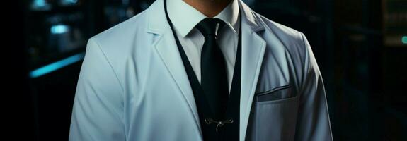 giovanile medico nel bianca cappotto e stetoscopio, trasudante fiducia in mezzo clinico ambientazione ai generato foto