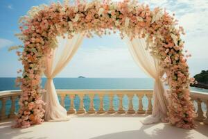 Peachy nozze eleganza floreale arco, fresco mare brezza, e vasi traboccante con fioriture ai generato foto