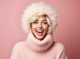 bellissimo donna nel inverno cappotto ridendo foto