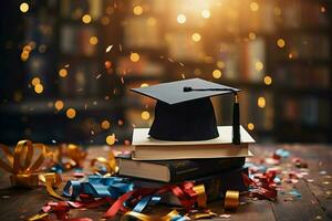 un' la laurea berretto riposa accanto libri, festeggiare accademico realizzazione in mezzo coriandoli ai generato foto