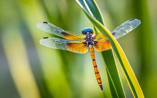 macro padronanza, rivelatrice il ipnotizzante dettaglio nel il intricato ala modelli di un' libellula su chiudere. ai generato foto