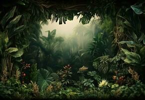 ai generativo bellissimo giungla sfondo con confine fatto di tropicale le foglie fondale con copia spazio foto