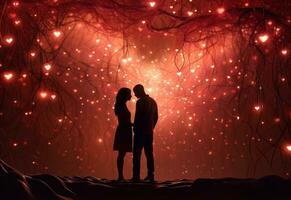 ai generativo un' coppia abbracciare ogni altro su San Valentino giorno, la zona illuminato di il caldo splendore di sospeso cuori foto