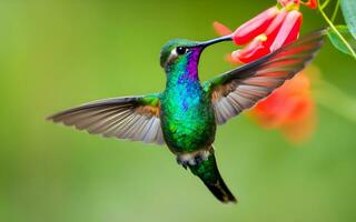 cattura della natura gioiello, un' ipnotizzante intravedere di un' vivace colibrì nel grazioso a metà volo eleganza. ai generato foto