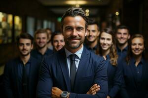 ai generativo gruppo di contento attività commerciale uomo e attività commerciale donne, vestito nel tute siamo sorridente, nel il ufficio foto