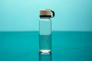 idratazione per all'aperto attività, un' gli sport acqua bottiglia contro un' blu fondale ai generato foto