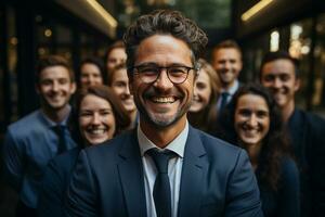 ai generativo gruppo di contento attività commerciale uomo e attività commerciale donne, vestito nel tute siamo sorridente, nel il ufficio foto