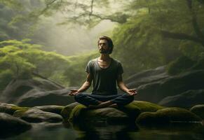 ai generativo foto di un' uomo praticante consapevolezza e meditazione nel un' tranquillo, calmo naturale ambiente sony a7s realistico Immagine, ultra hd, alto design molto dettagliato