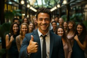 ai generativo gruppo di contento attività commerciale uomo e attività commerciale donne, vestito nel tute siamo sorridente, nel il ufficio foto