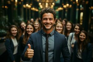 ai generativo gruppo di contento attività commerciale uomo e attività commerciale donne, vestito nel tute siamo sorridente, nel il ufficio foto