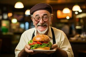 anziano uomo assaporando un' hamburger pasto a retrò commensale isolato su un' bianca sfondo foto