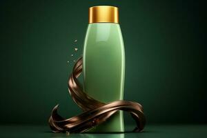 rivitalizzante concetto 3d shampoo bottiglia, ondulato serrature su verde finto su sfondo ai generato foto