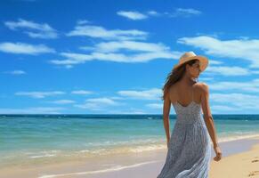 ai generativo giovane turista donna nel estate vestito e cappello in piedi su bellissimo sabbioso spiaggia. carino ragazza godendo foto