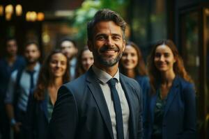 ai generativo gruppo di contento attività commerciale uomo e attività commerciale donne, vestito nel tute siamo sorridente, nel il ufficio foto