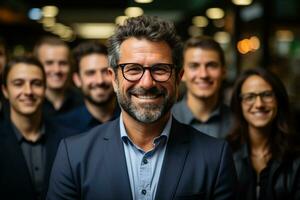 ai generativo gruppo di contento attività commerciale uomo e attività commerciale donne, vestito nel tute siamo sorridente, nel il ufficio foto