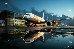 un' parcheggiata passeggeri aereo vicino un' aereoporto, suo riflessione scintillante nel un' pozzanghera ai generato foto