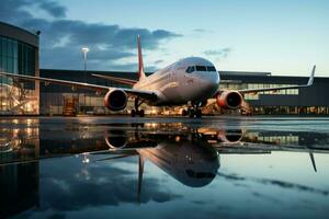 un' parcheggiata passeggeri aereo vicino un' aereoporto, suo riflessione scintillante nel un' pozzanghera ai generato foto