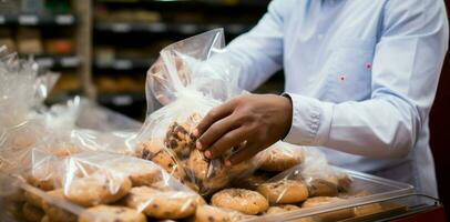 mans vicino su azione fissaggio biscotti dentro un' plastica Borsa durante drogheria shopping ai generato foto