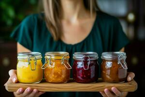 avvicinamento Visualizza donna detiene di legno piatto, in mostra diverso frutta marmellate nel bicchiere barattoli ai generato foto