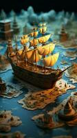 marittimo viaggio, barca simbolo viaggi su il carta geografica per isola paradisi verticale mobile sfondo ai generato foto