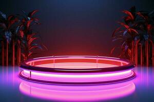 cilindro podio con dinamico neon illuminazione per occhio attraente Prodotto viene visualizzato ai generato foto