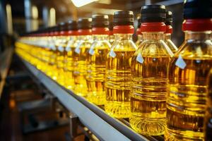 fabbrica produzione linea efficiente Riempimento bottiglie con raffinato girasole seme olio ai generato foto