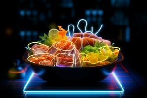 raggiante gastronomia neon leggero migliora il presentazione di delizioso piatti ai generato foto
