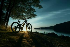rilassante bicicletta cavalcata sotto il buio notte cielo, un' tranquillo, calmo sera ai generato foto