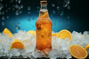 bicchiere bottiglia con un' piccante arancia bevanda e schiacciato ghiaccio dentro ai generato foto