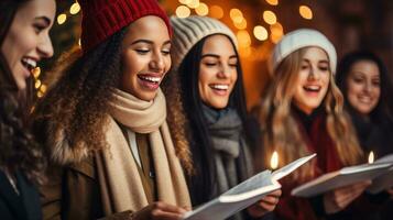 allegro gruppo caroling nel il Quartiere foto