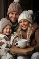 contento famiglia potabile caldo cioccolato nel inverno foto