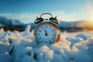 allarme orologio in mezzo vasto neve campo, risonante con il nevoso sfondo calma. ai generato foto