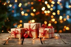festivo gioia regalo scatole, rosso archi, scintillante bokeh luci. Natale e nuovo anno. ai generato foto