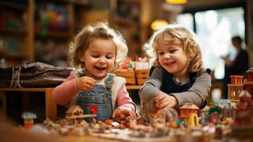 eccitato bambini giocando con giocattoli nel aula foto