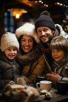 contento famiglia potabile caldo cioccolato nel inverno foto