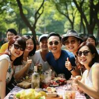 pieno di divertimento picnic con bene azienda foto