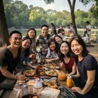 pieno di divertimento picnic con bene azienda foto