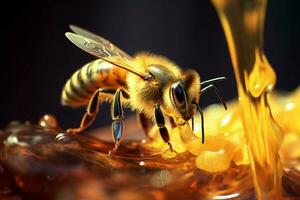 nel volo, un' ape grazie un' barattolo, miele scintillante nel delicato gocce ai generato foto