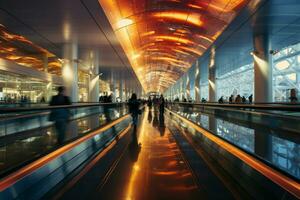 occupato aeroporto scena Due in movimento passerelle trasportare persone inoltrare nel un' sfocatura ai generato foto