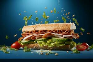 artistico fiuto un' classico americano Sandwich nel volo su un' leggero blu sfondo ai generato foto