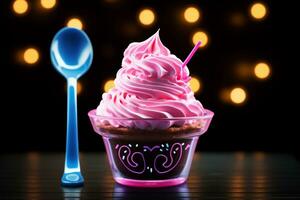 capriccioso neon Cupcake e cucchiaio invitare con giocoso splendore, un commestibile delizia. ai generato foto