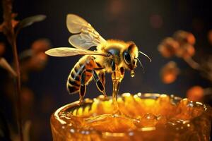 energico ape si libra al di sopra di bicchiere vaso stillicidio d'oro miele nettare ai generato foto