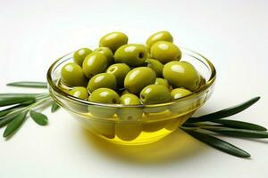 bianca sfondo vetrine ciotole di olive accompagnato di grazioso oliva ramoscelli ai generato foto