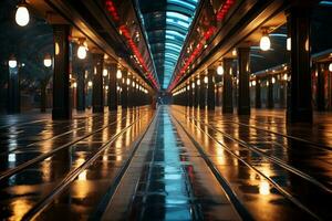 silenzioso metropolitana tunnel passerella attende viaggiatori in mezzo vuoto piattaforme ai generato foto