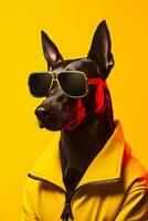 freddo cane con alla moda Abiti e indossare occhiali da sole. semplice animale creativo concetto isolato su colorato sfondo. foto