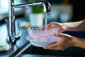 dettagliato tiro di un' casalinghe mani scrubbing cena piatti con detergente ai generato foto