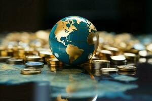 intricato globale attività commerciale concetto bicchiere mondo sfera, oro monete, e banca libretto nel vicino su ai generato foto